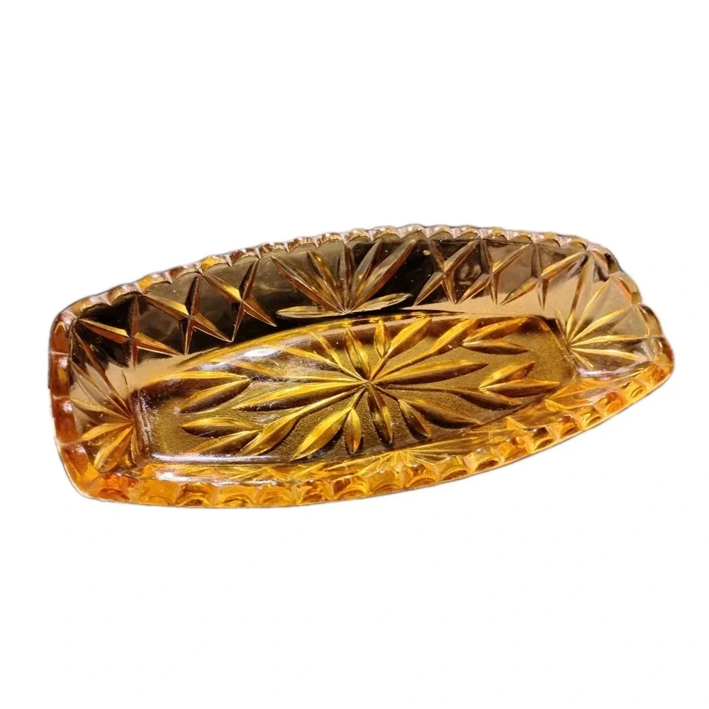 Vtg Amber Tray Hazel Atlas (?) Pressed Cut Glass Relish Dish 9x4